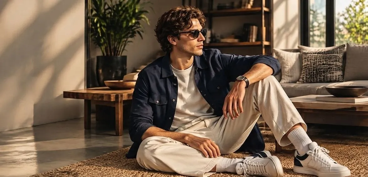 Man in a navy overshirt and white sneakers sitting in a living room