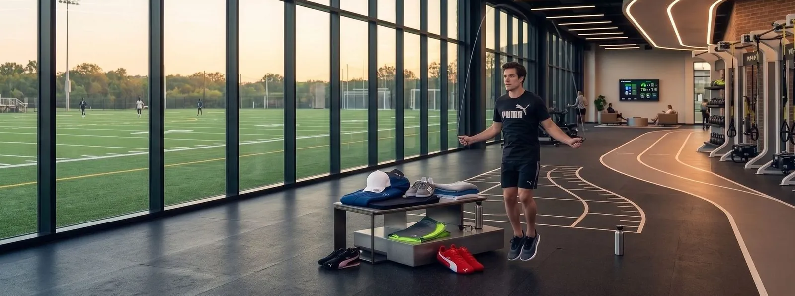 Sportswear and sneakers in a training facility