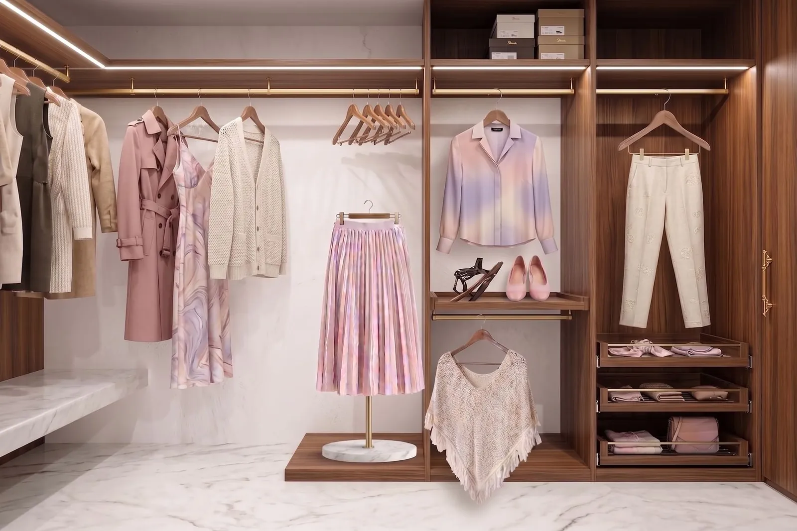 Women's wardrobe with dresses, knitwear and a pleated skirt
