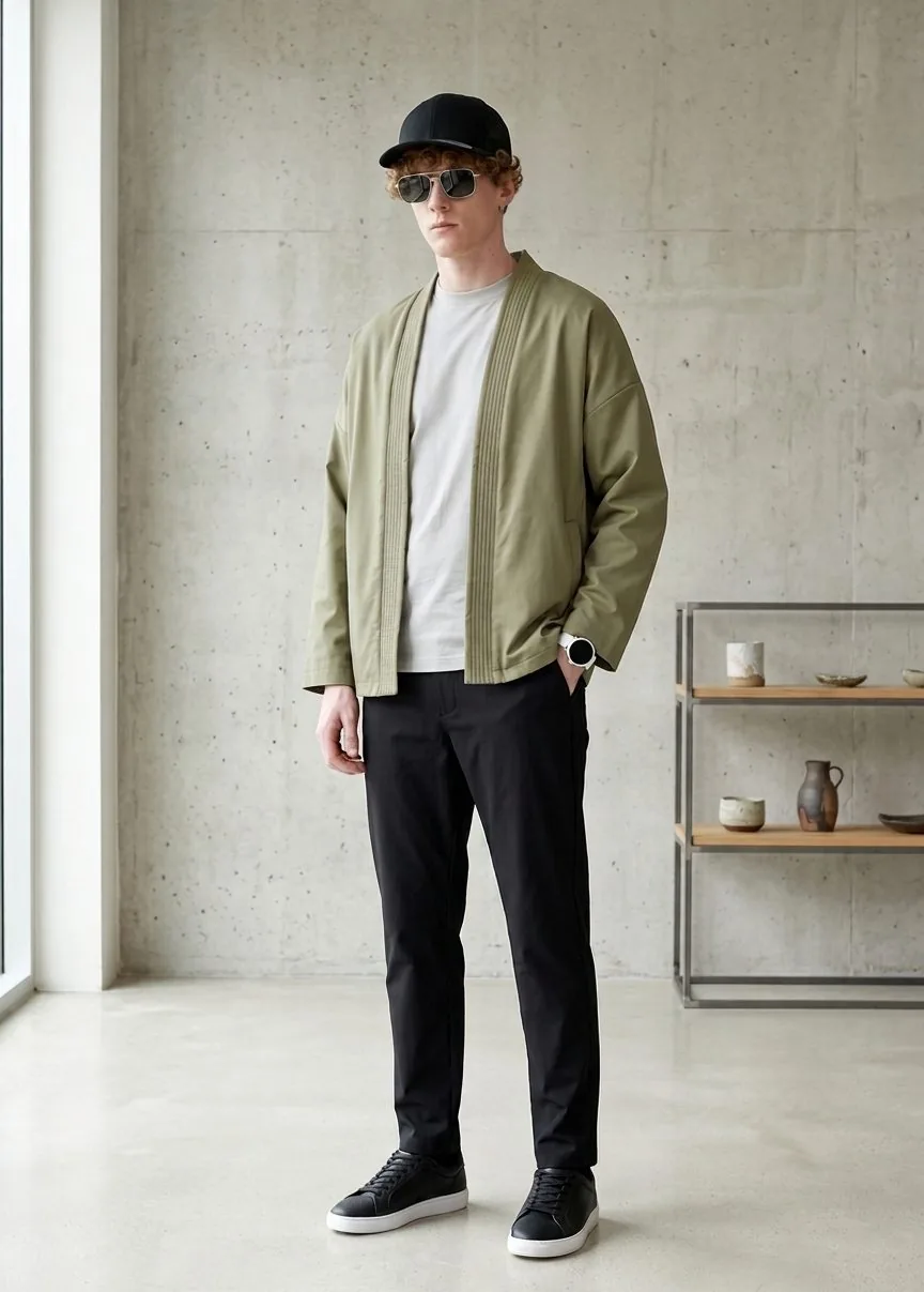 Complete men's off-duty look: sage kimono jacket, cap, sunglasses, watch and sneakers